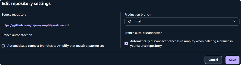 Amplify Edit repository settings — branch auto-disconnection enabled, autodetection off, production branch main
