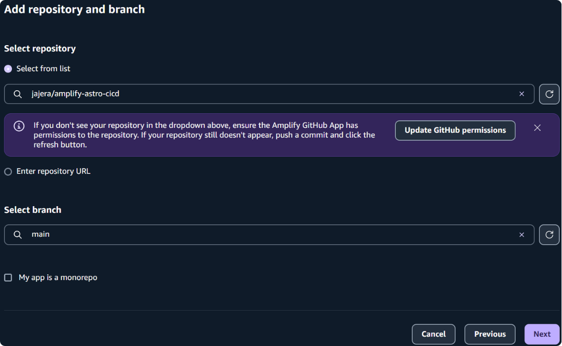 Amplify Add repository and branch — select repository and branch, with tip about Amplify GitHub App permissions