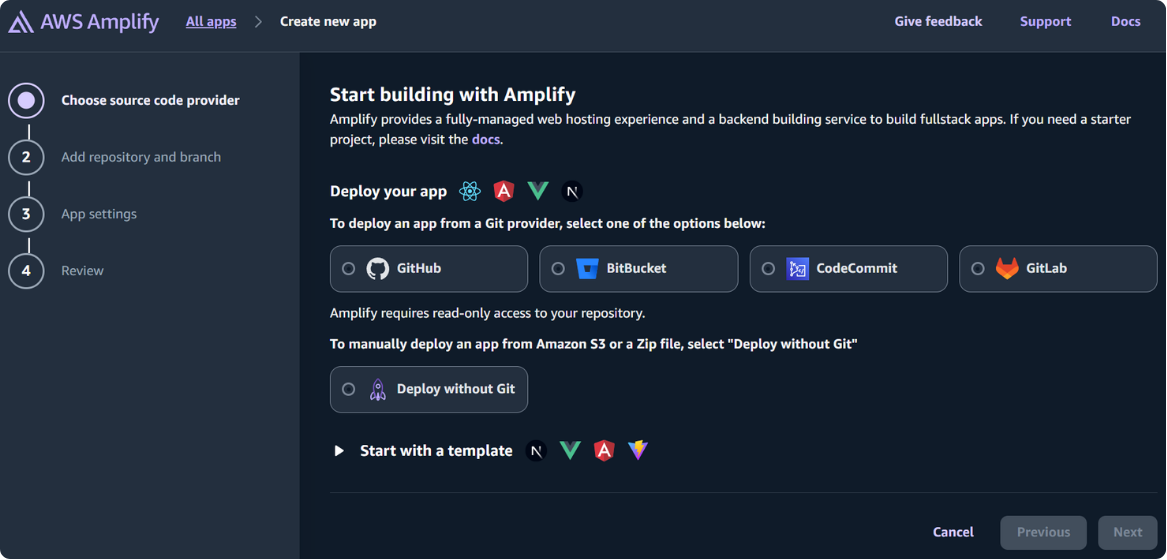 Amplify Create new app — Start building with Amplify, choose GitHub as the source code provider
