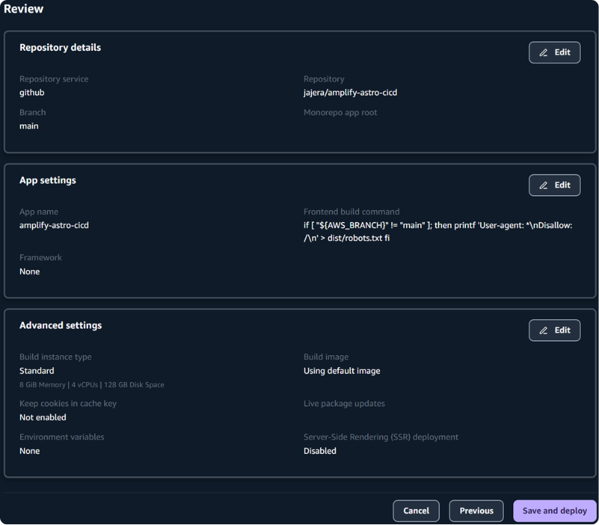 Amplify Review — github jajera/amplify-astro-cicd main, then Save and deploy