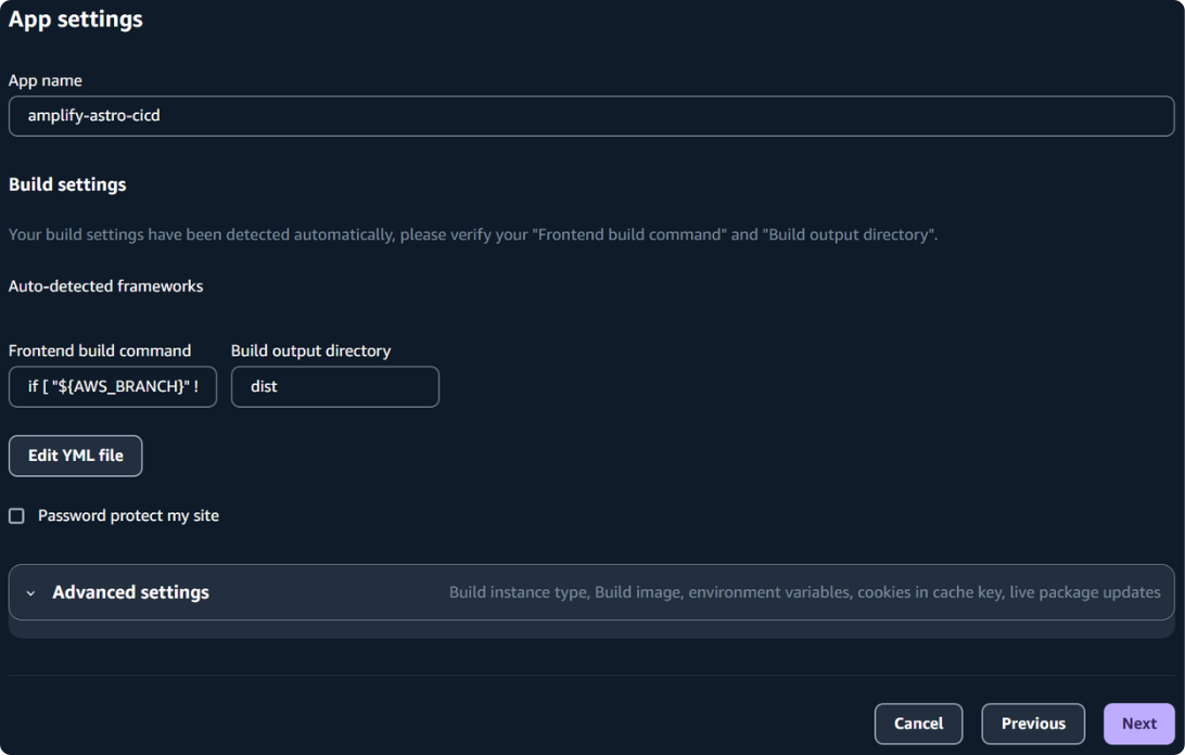 Amplify App settings — app name amplify-astro-cicd, build output dist, password protect off