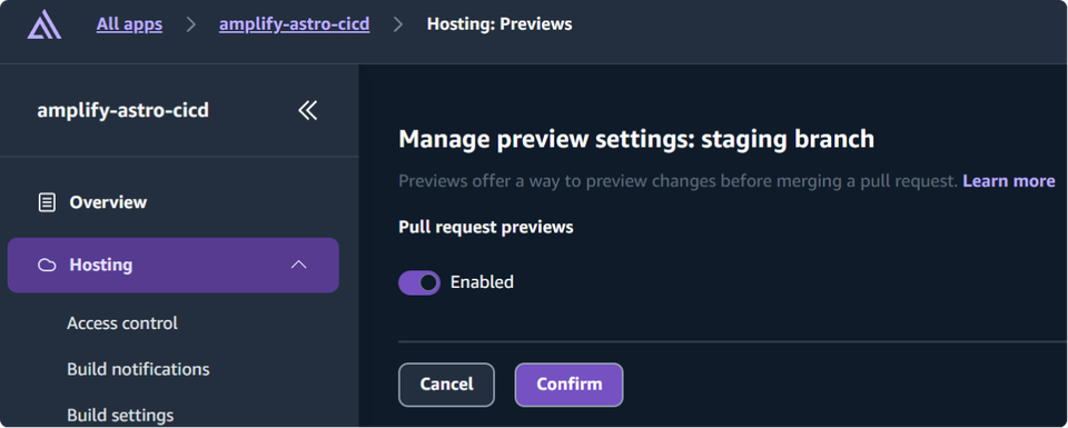 Amplify Manage preview settings for staging — Pull request previews Enabled
