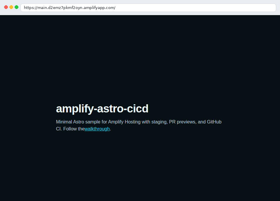 Browser open on https://main.…amplifyapp.com with the Astro sample home page