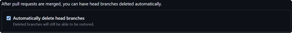 GitHub Settings — Automatically delete head branches enabled