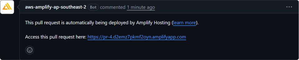 Amplify bot comment on the PR with the PR preview URL