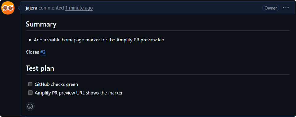 GitHub PR description — summary, Closes issue, test plan for Amplify preview lab