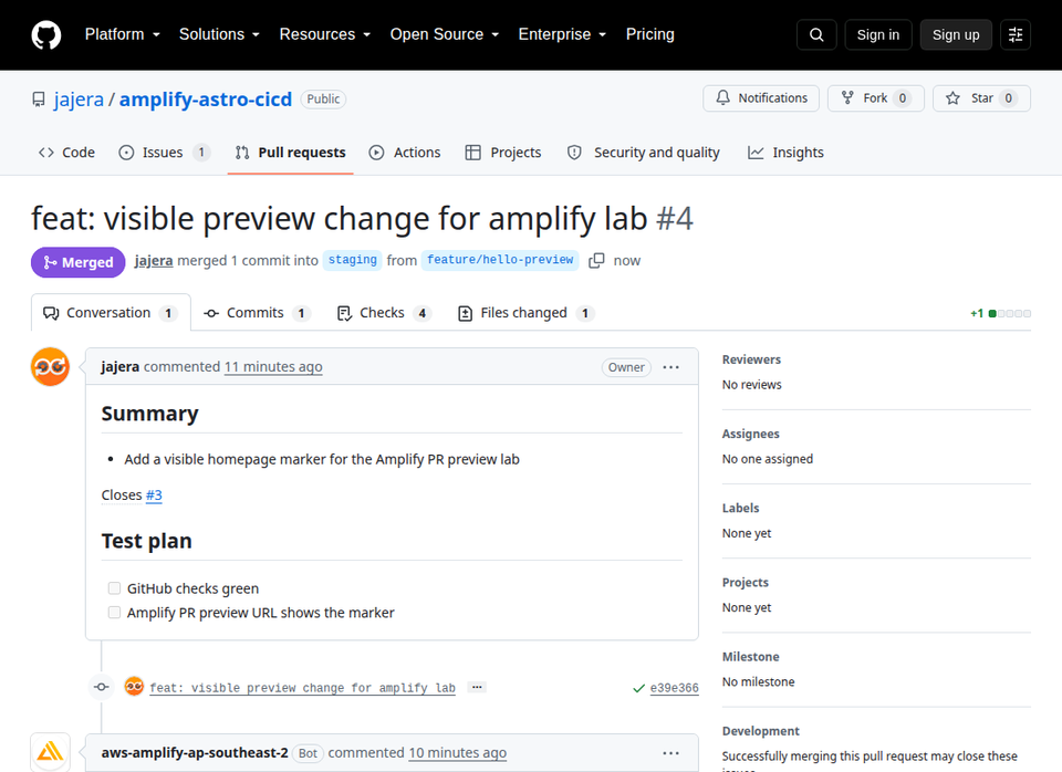GitHub PR #4 merged into staging from feature/hello-preview
