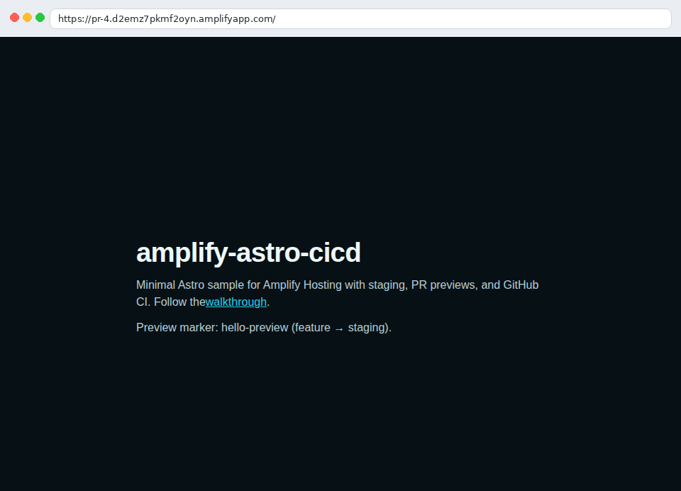 Browser open on the Amplify PR preview URL with the hello-preview homepage marker