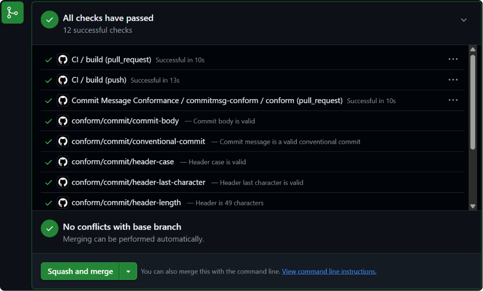 GitHub PR #5 — all checks passed, no conflicts, Squash and merge ready