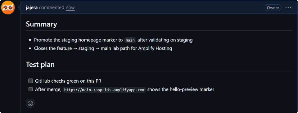 GitHub PR #5 description — promote staging homepage marker to main, test plan
